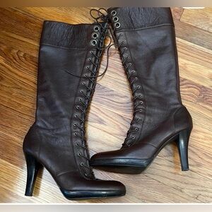 Nine West Dark Brown Tall Leather Boots with Laces and side zipper barely worn